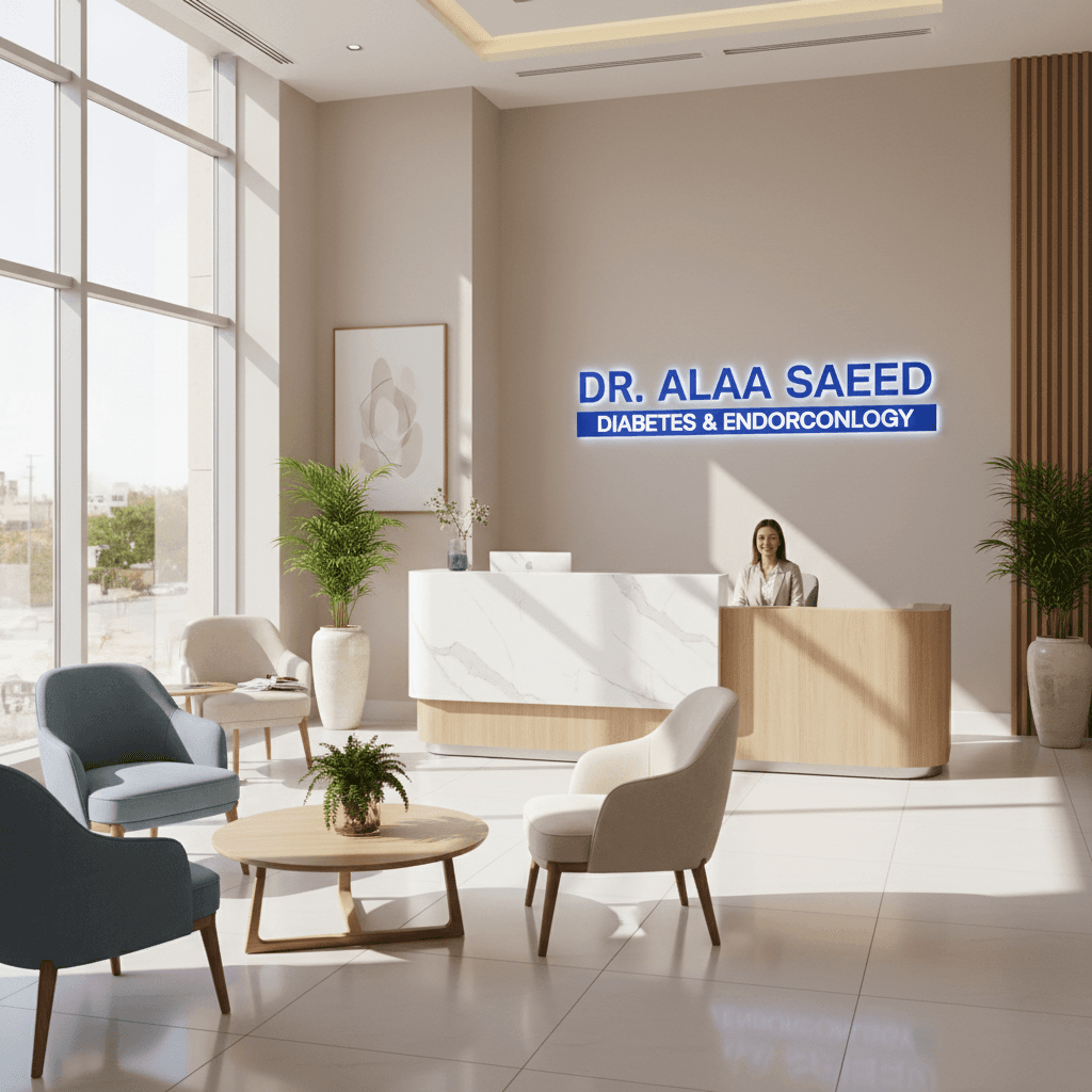 Reception area of Dr. Alaa Saeed's diabetes clinic in Mansoura, Egypt.